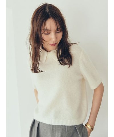 ポロ衿クロップド丈モヘアニットトップス