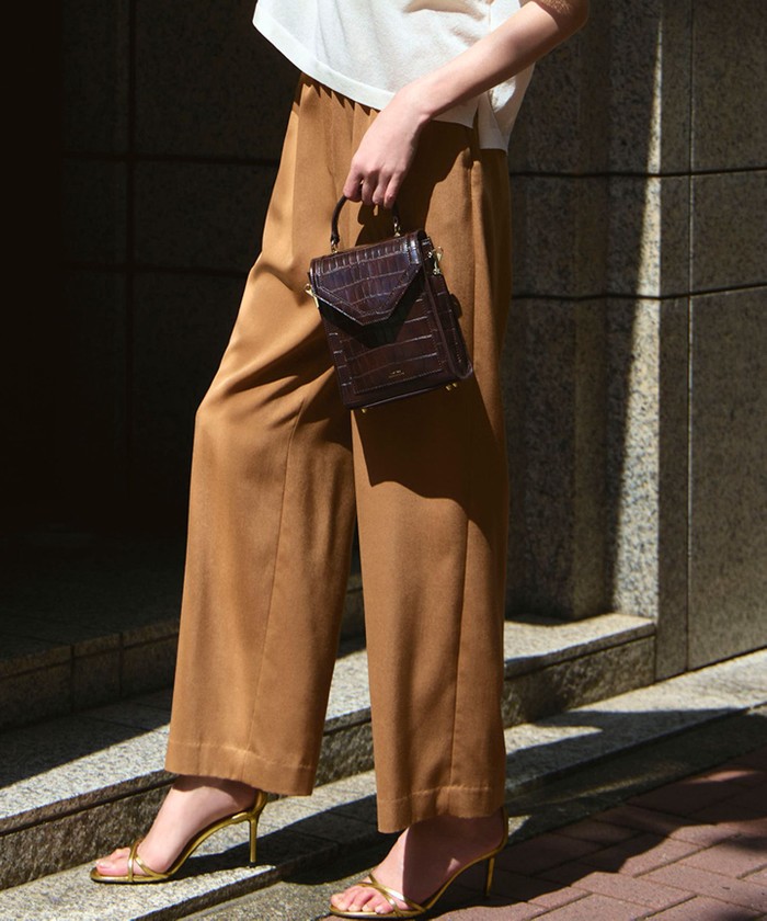 新品 ハイウエストラップパンツ ワイドパンツ ブラウン リネンライクハイウエストラップワイドパンツ（その他パンツ