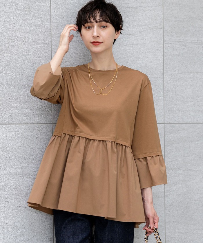 裾タフタペプラムTシャツ dualview 異素材ダブルプリーツペプラムカットソー「T1115」-RUIRUE BOUTIQUE