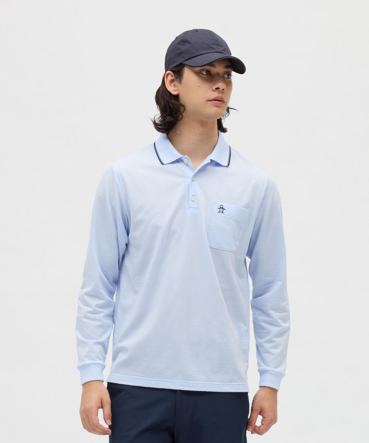 Munsingwear(ings) マンシングウェア Munsingwear サッカーグレンチェック長袖ポロシャツ サックス LL Munsingwear(ings) マンシングウェア Munsingwear サッカーグレンチェック長袖ポロシャツ サックス LL