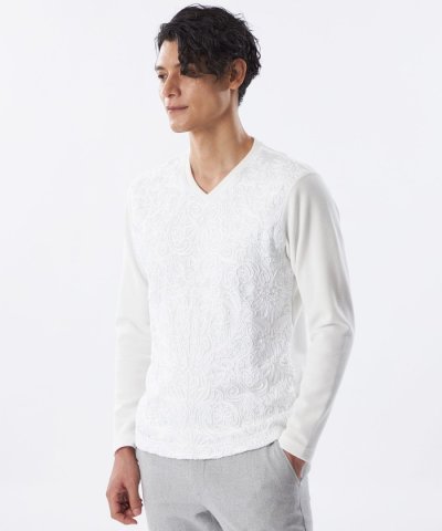 【PRIMA COLLECTION】ストライプベロア刺繍ロングスリーブTシャツ