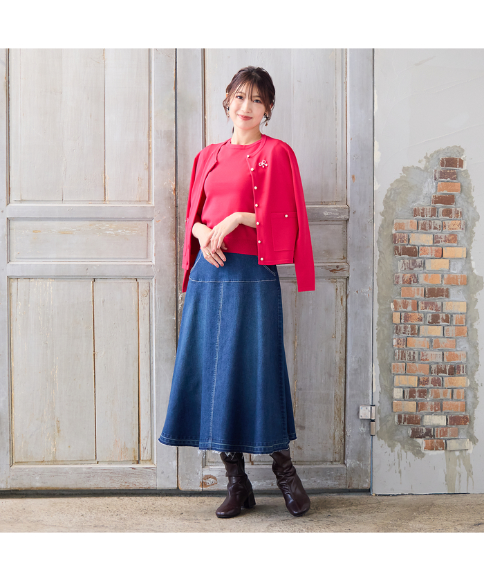 ローズティアラ　パワーショルダーニットカーディガン　襟パール　ネイビー ローズティアラ パワーショルダーニットカーディガン 襟パール