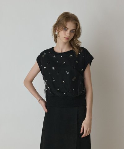 チュール刺繍ニットトップ