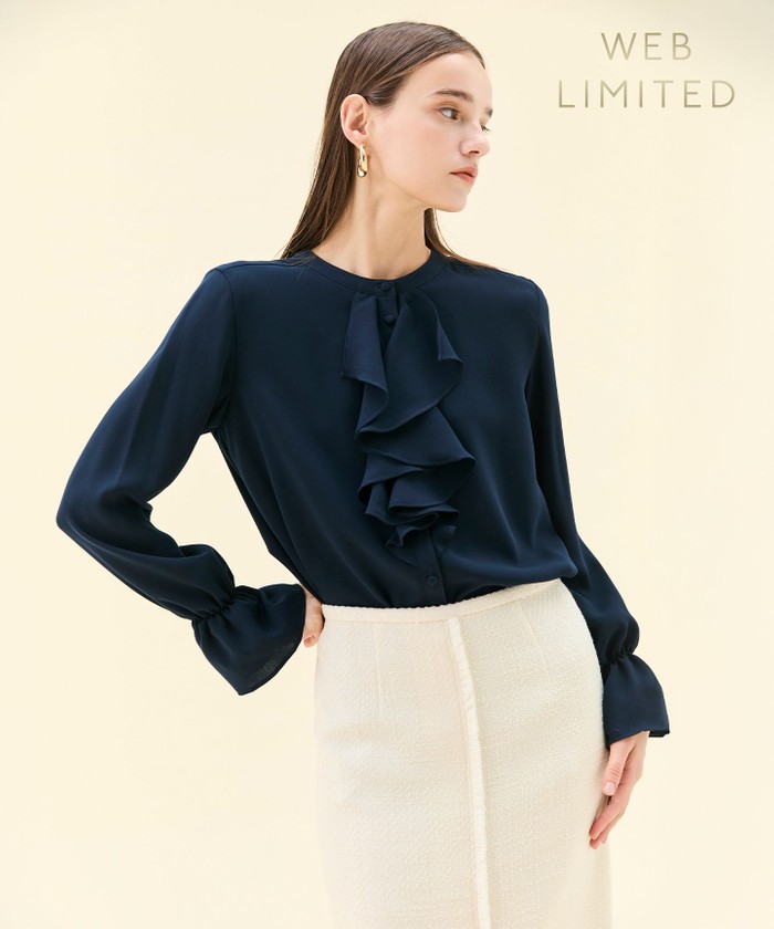 BEIGE 【WEB限定・洗える】CLARION / バンドカラーフリルブラウス NAVY 2 BEIGE 【WEB限定・洗える】CLARION / バンドカラーフリルブラウス NAVY 2