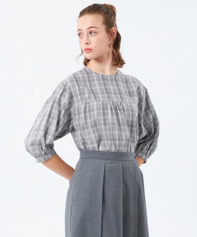 フロントギャザーチェックブラウス