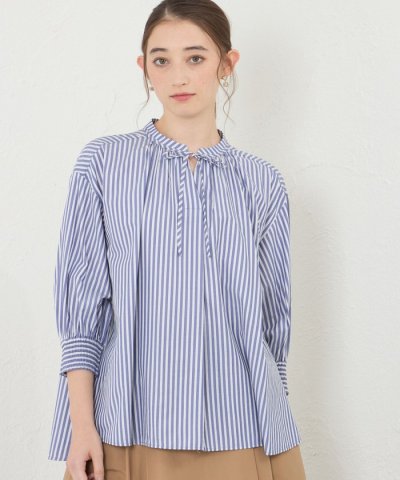 先染めストライプギャザーブラウス