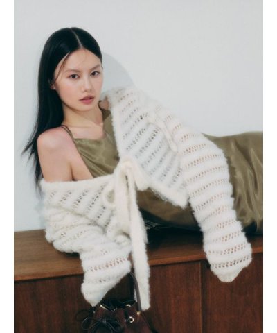 ネット編みシャギーボーダーカーデ