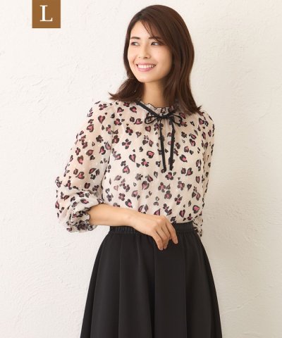 【L】アニマルフラワー リボンブラウス