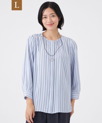【L】【ウォッシャブル】バックサテンストライプブラウス