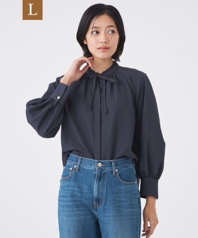 【L】【ウォッシャブル/吸水速乾/防シワ】ギンガムサッカーブラウス