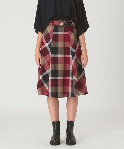 クレストブリッジチェックウールポリエステルフレアスカート