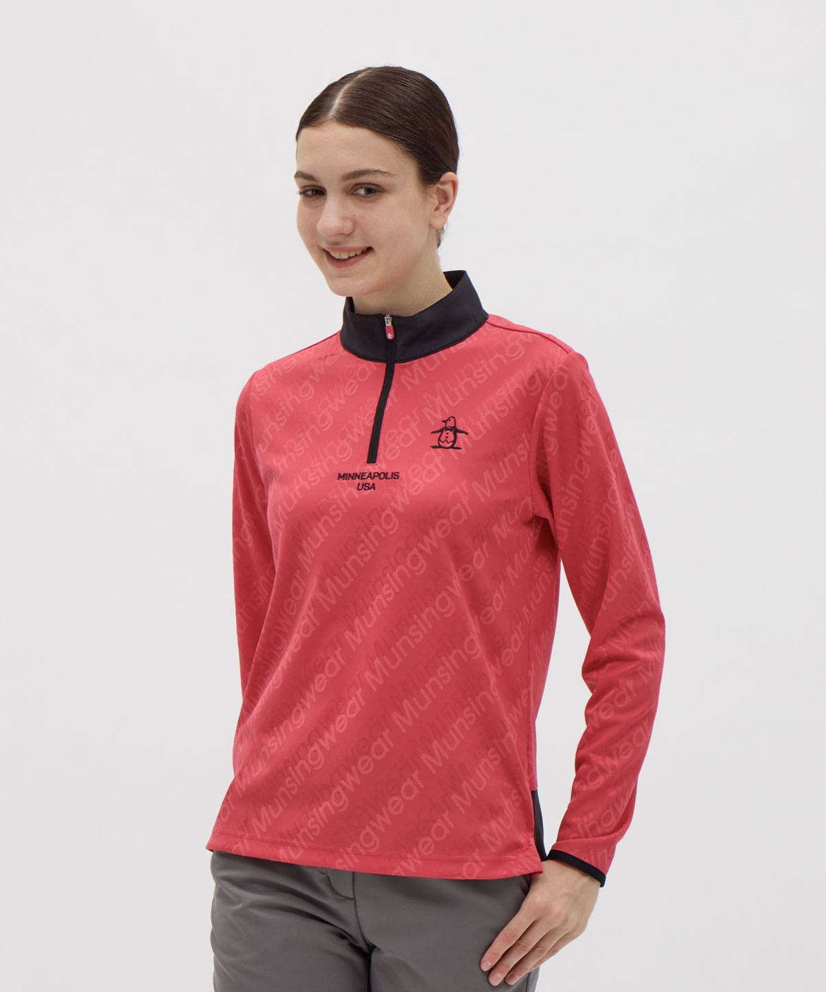 Munsingwear(ings) マンシングウェア Munsingwear ロゴジャカードハーフジップ長袖シャツ ピンク 3L Munsingwear(ings) マンシングウェア Munsingwear ロゴジャカードハーフジップ長袖シャツ ピンク 3L