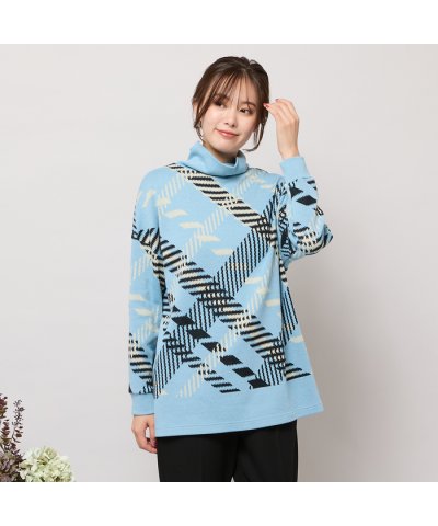 【手洗いOK】パネルプリントWジャカードハイネック