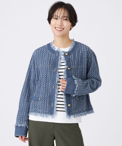 【カタログ掲載品】【マシンウォッシャブル】パンチングデニムノーカラージャケット