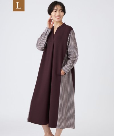【L】【カタログ掲載品】【ウォッシャブル】ストライプジャカードコンビワンピース