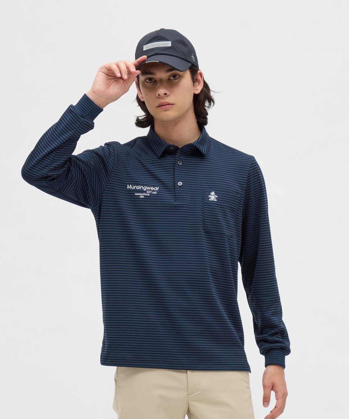 Munsingwear(ings) マンシングウェア Munsingwear HEAT NAVI ボーダー台衿付き長 ネイビー LL Munsingwear(ings) マンシングウェア Munsingwear HEAT NAVI ボーダー台衿付き長 ネイビー LL