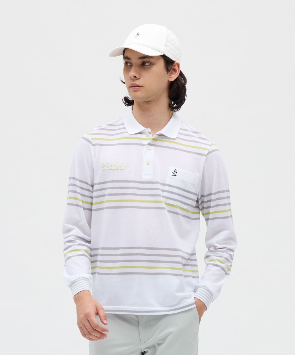 Munsingwear(ings) マンシングウェア Munsingwear 吸汗速乾先染めボーダー長袖ポロシャツ ホワイト M Munsingwear(ings) マンシングウェア Munsingwear 吸汗速乾先染めボーダー長袖ポロシャツ ホワイト M