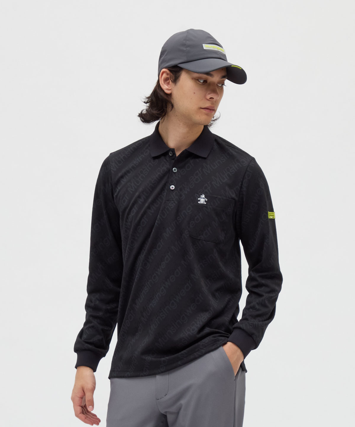 Munsingwear(ings) マンシングウェア Munsingwear 吸汗速乾ロゴジャカード長袖ポロシャツ ブラック M Munsingwear(ings) マンシングウェア Munsingwear 吸汗速乾ロゴジャカード長袖ポロシャツ ブラック M
