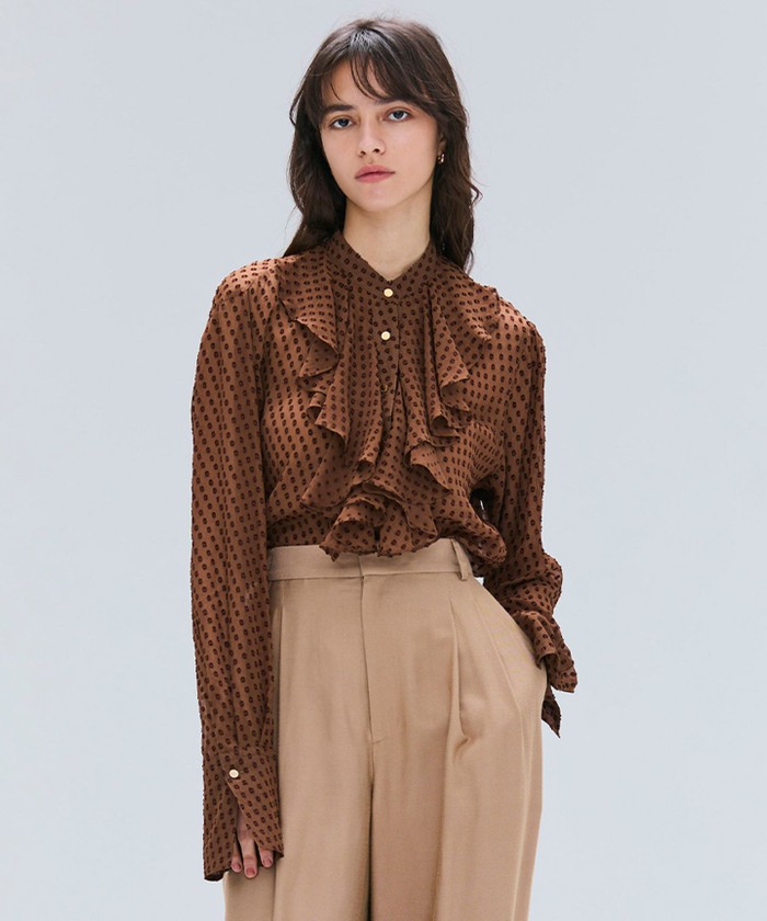 BEIGE CALLERRY / シルク混ドットラッフルブラウス CARAMEL 4 BEIGE CALLERRY / シルク混ドットラッフルブラウス CARAMEL 4