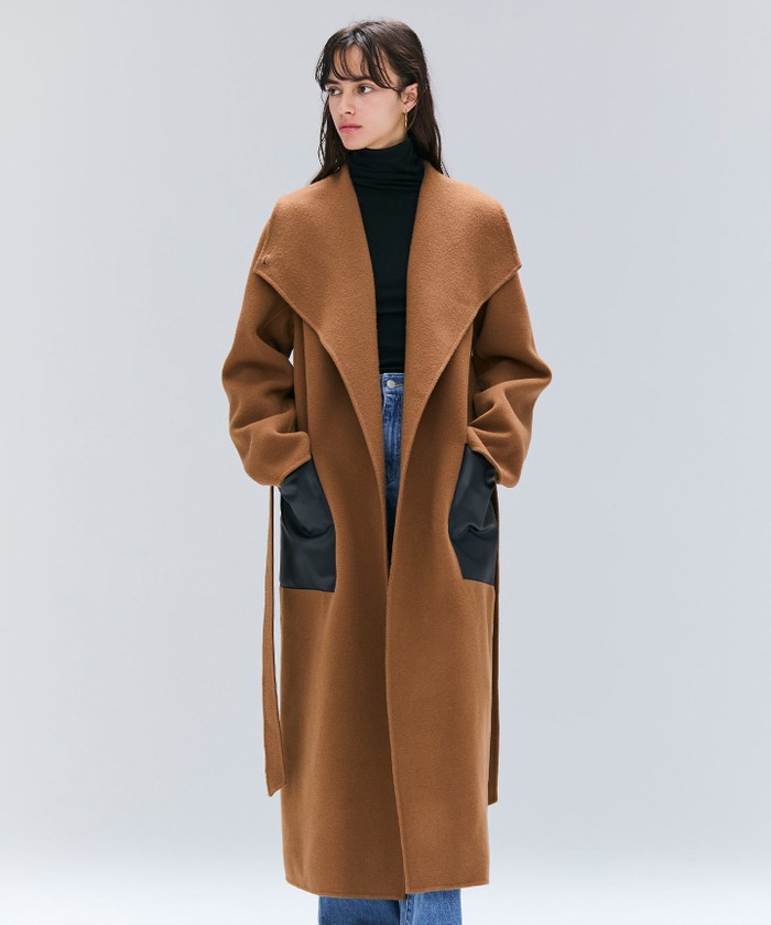 BEIGE LEMOORE / ウールリバーフェイクレザーポケット付きコート CARAMEL 4 BEIGE LEMOORE / ウールリバーフェイクレザーポケット付きコート CARAMEL 4