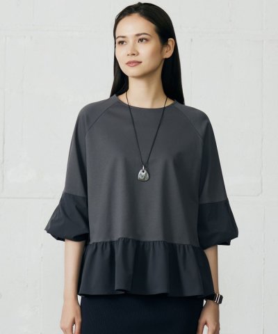 【洗える】クリアコットンポンチペプラムシルエットドッキングジャージ カットソー
