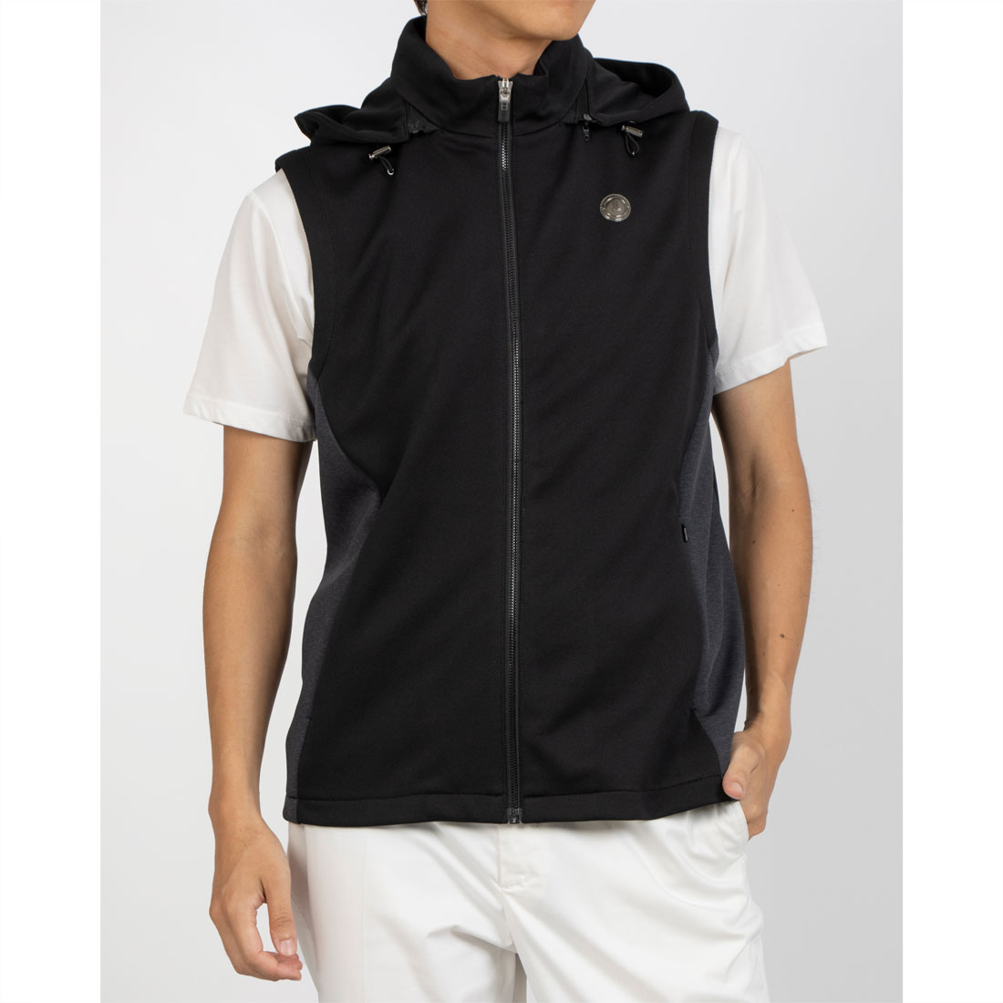 LANVINSPORT ランバン スポール LANVIN SPORT 異素材切替えアウターベスト【フード ブラック 38 LANVINSPORT ランバン スポール LANVIN SPORT 異素材切替えアウターベスト【フード ブラック 38