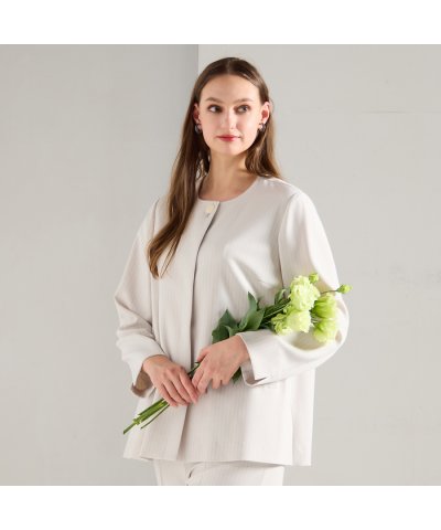 【M～4L/セットアップ対応】ストライプノーカラージャケット