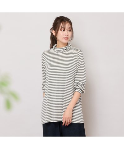 【手洗いOK・吸湿発熱】ボーダーハイネックカットソー