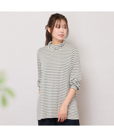 【手洗いOK・吸湿発熱】ボーダーハイネックカットソー