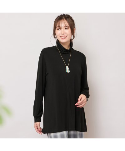 【手洗いOK・吸湿発熱】ハイネックカットソー（ブラック）