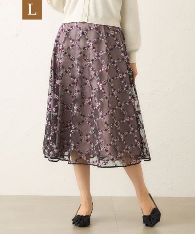 【L】フラワーチェック刺しゅう フレアスカート