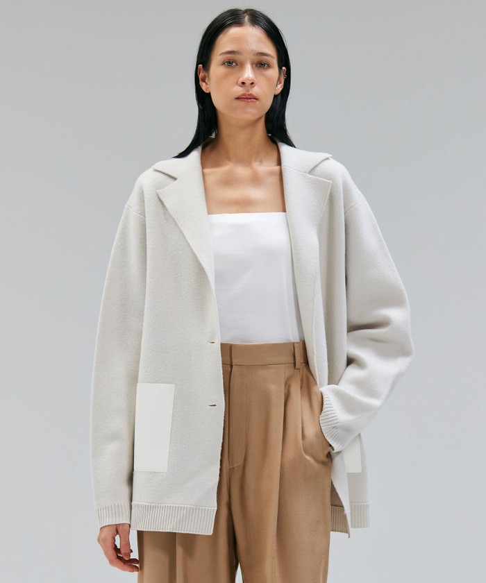 BEIGE CHICORA / レザーポケット付きウールニットジャケット BONE 2