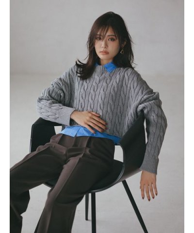 【セットアイテム】シャツレイヤードケーブル短丈ニット