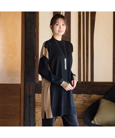 ピサーノ PISANO バイカラー配色・チュニック丈ハイネックニット