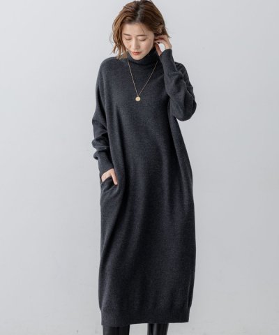 【洗える】カシミヤブレンド タートルネック ニットワンピース
