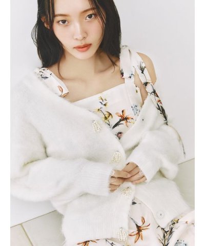 パールリボンシャギーミドルＶネックカーディガン