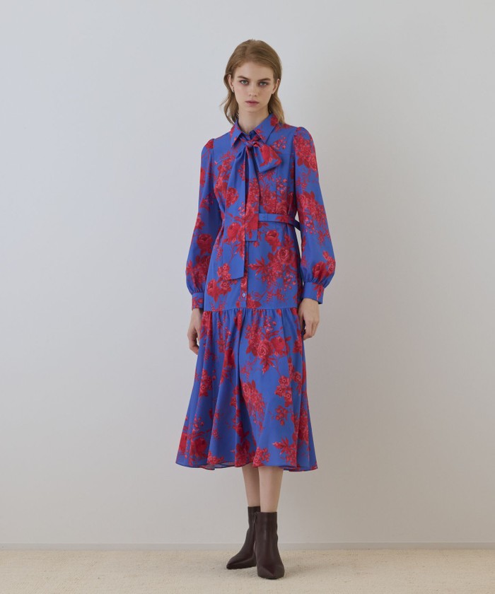 GRACECONTINENTAL ブーケフラワープリントワンピース ブルー 38