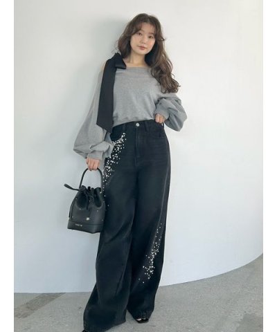 ハイウエストビジューデニム