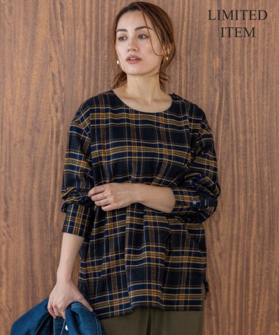 【Lサイズ限定】ブラッシュド ビエラチェック ノーカラーブラウス