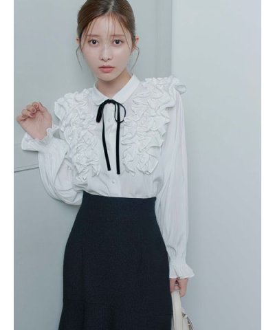 【ウォッシャブル】フリルヨークシャツカラーブラウス