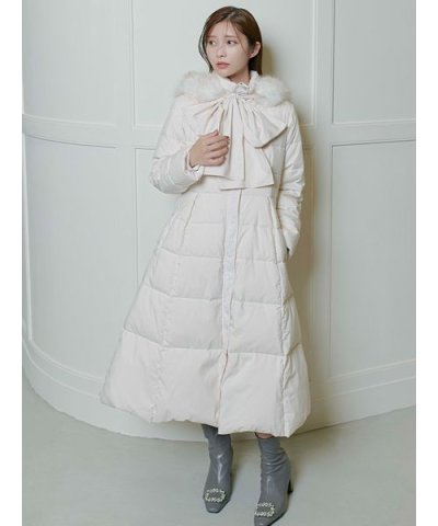 【撥水】フードリボンロングダウンコート