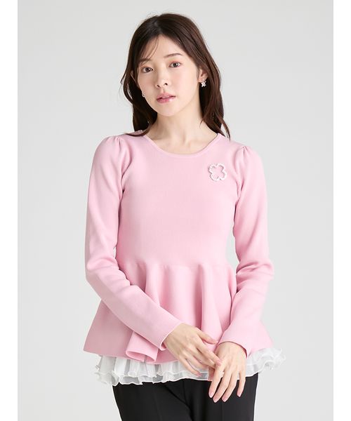 【完売】CELFORD／セルフォード　ペプラムニットコンビプルオーバー　ピンク CELFORD（セルフォード） ハーフスリーブペプラムニットプルオーバー