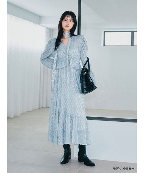 WEB限定00サイズ】ボウタイ付きフリンジジャガードペプラムワンピース