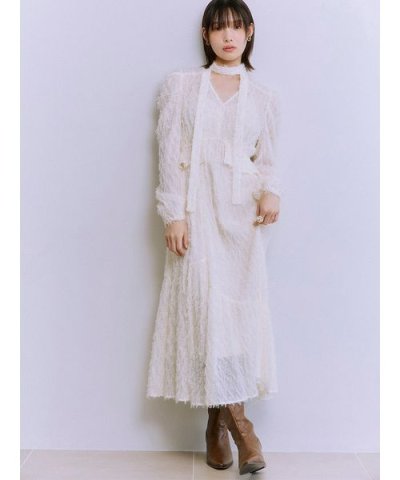 【WEB限定00サイズ】ボウタイ付きフリンジジャガードペプラムワンピース