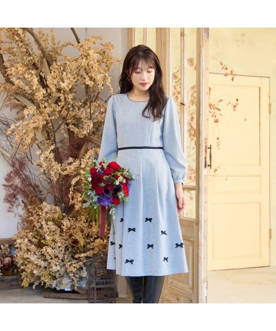 【ウールライク素材】サテンリボンワンピース