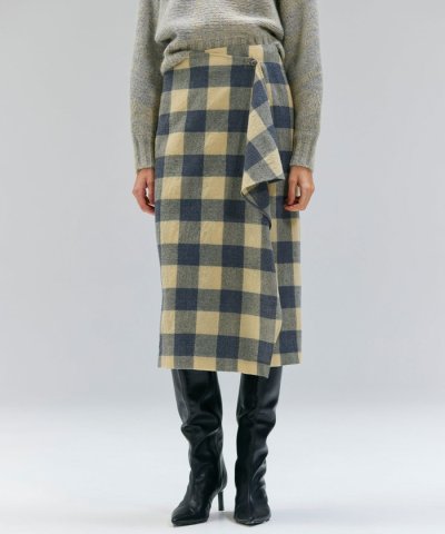 HOBBS / フェイクレザーポケットウールチェックラップスカート