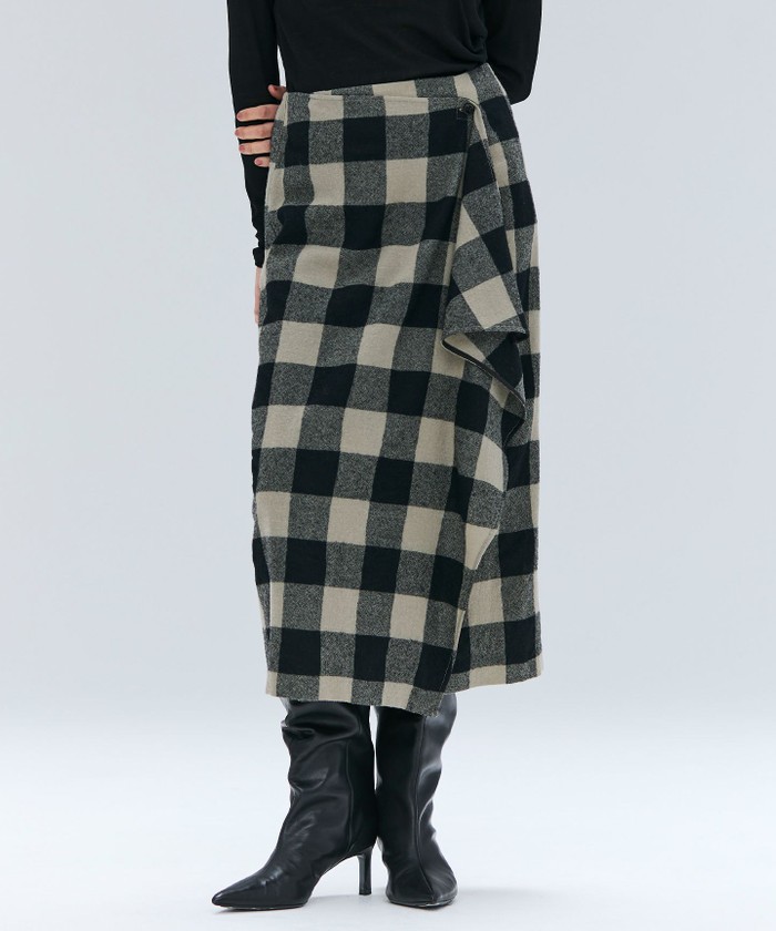 BEIGE HOBBS / フェイクレザーポケットウールチェックラップスカート L. KHAKI×BLACK 4