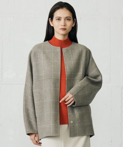 【17号サイズまで展開】ウールリバーチェック柄ノーカラー コート