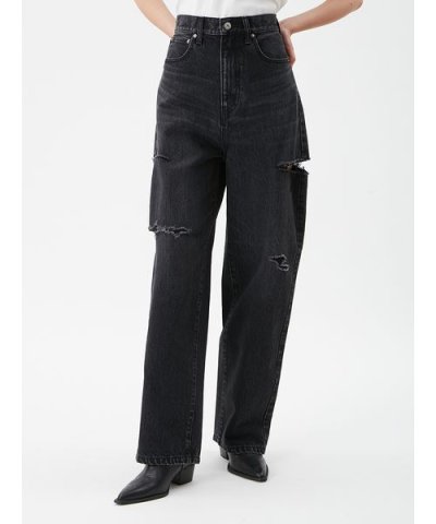 カットアウトダメージセミワイドデニムパンツ