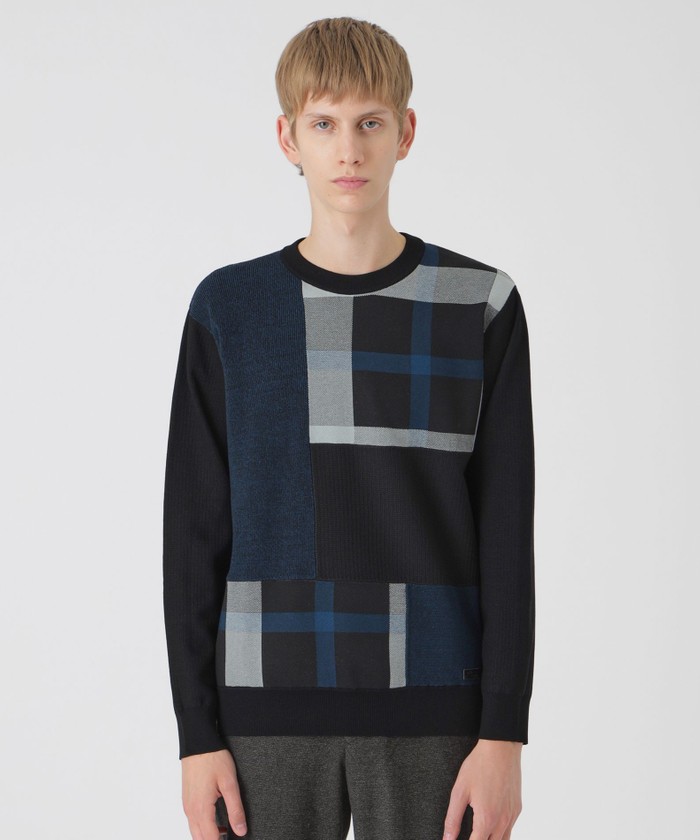 【美品】ブラックレーベルクレストブリッジ　長袖ニット・チェック・ショルダーパッチ パッチワーククレストブリッジチェックニット(508585762